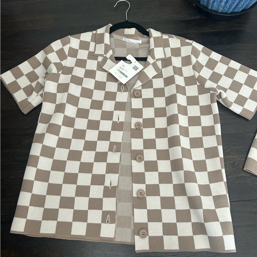 OAK + FORT Taupe and Cream Checkered Cardigan